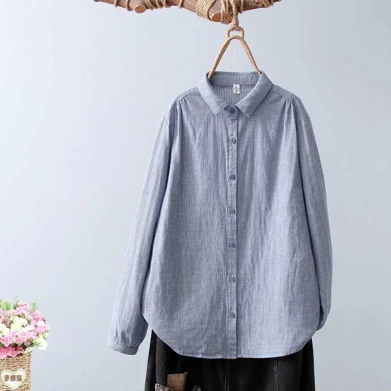 Women Autumn Winter Gray Checkered Cotton Linen Shirt Loose Long Sleeve