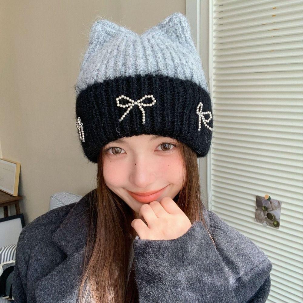 Casual Bowknot Knitted Hat Knitted Cat Ear Beanie Caps Windproof Fiber Winter Hat