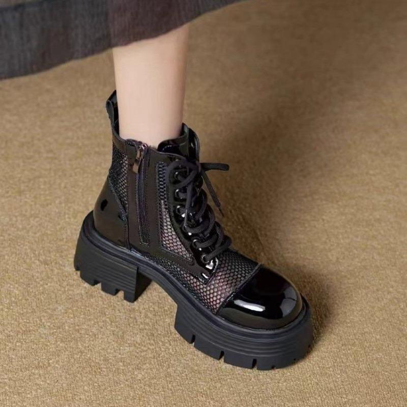 Mote Sommer Svarte Damesandaler Mote Ankelstøvletter Uformelle Flate Kontrastpaneler Utskjæring Mesh Muffinsandaler Platform Sportstøvler