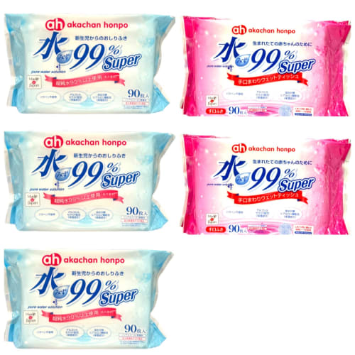 [Trial Set] Akachan Honpo Super Baby Wipes for Newborns (90 sheets x 3 packs) and Hand and Mouth Wipes (90 sheets x 2 packs). Pure Water, Mild Acidity