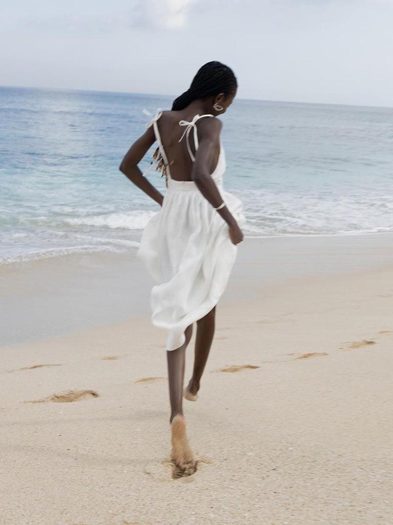 European Cross 2024 Pure Cotton V-neck Spaghetti Strap Midi Dress with Lace-Up Open Back