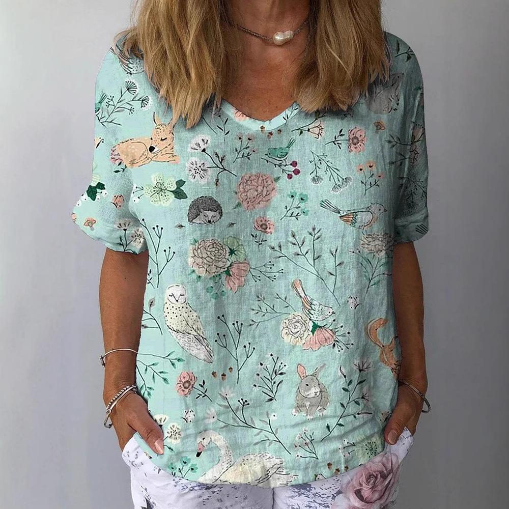 Summer V-neck 3D Floral Printed Top Fashionable Casual Short Sleeved Women's T-shirts