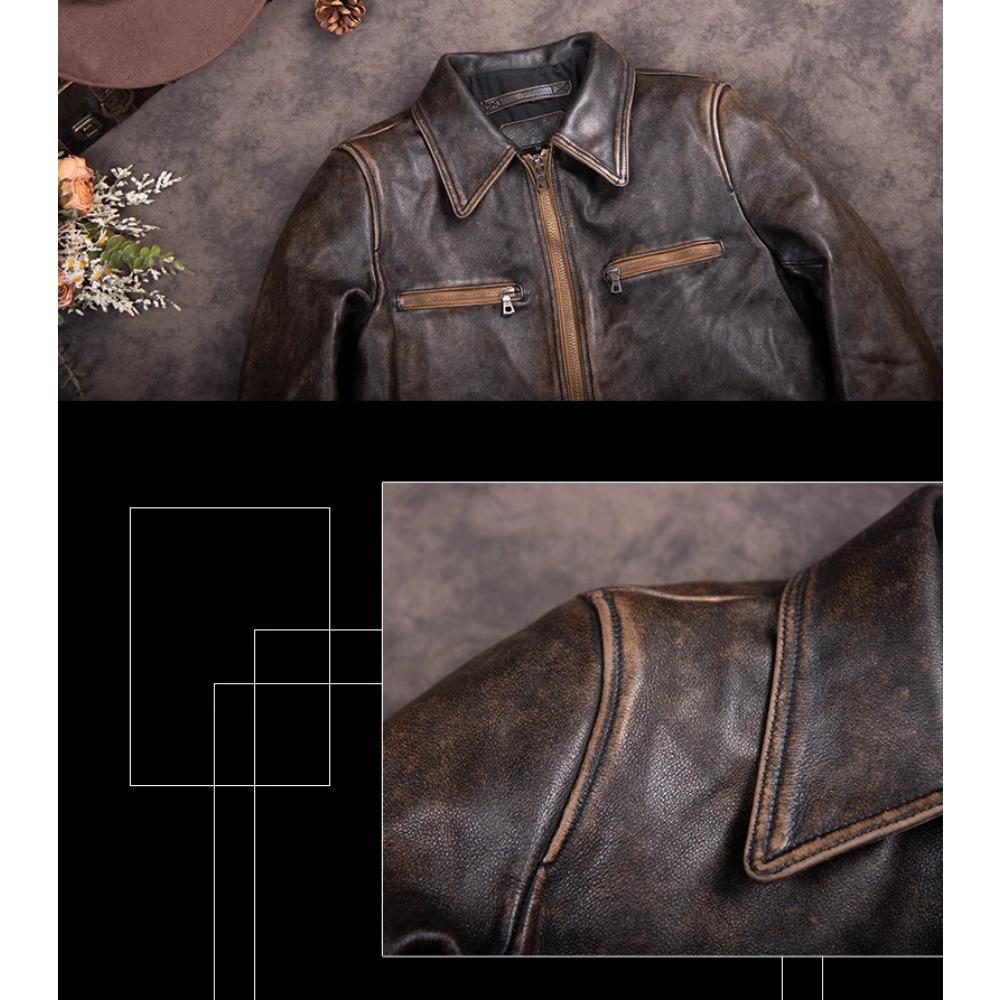 Chinese Size Vintage Men Genuine Leather Jacket Tea Core Cowhide Thickness 1.4mm Tanned Oil Waxed Real Leather Jacket Heavy Thick