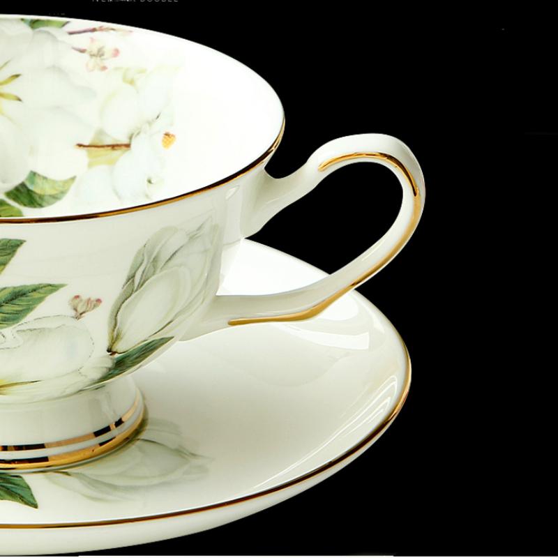 White Camellia Coffee Cup and Saucer Spoon Set 240ml Light Luxury Bone China Tea Cup with Gold Trim, Fine Porcelain Tea Sets for Home