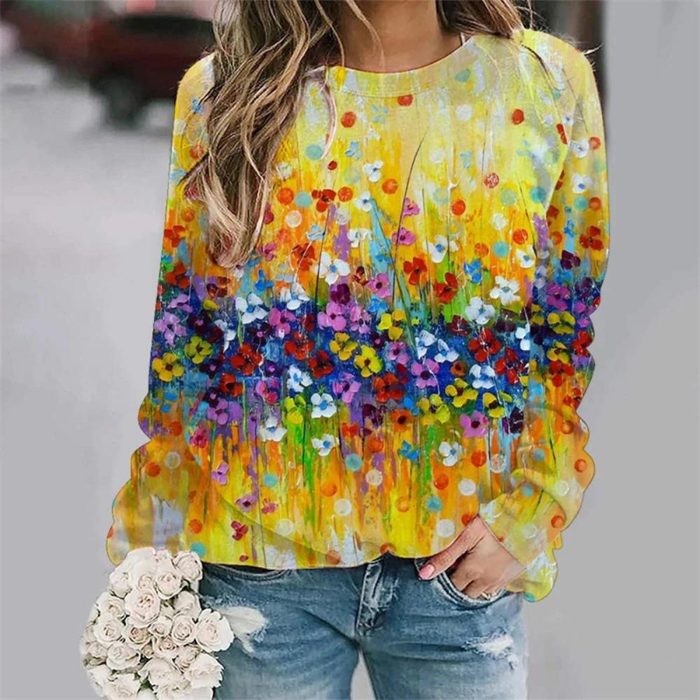 

Весенний свитер с длинным рукавом, графические футболки с принтом масляной живописи, длинная футболка для женщин, уличная футболка с круглым вырезом, свободного покроя, топ Y2k 4XL