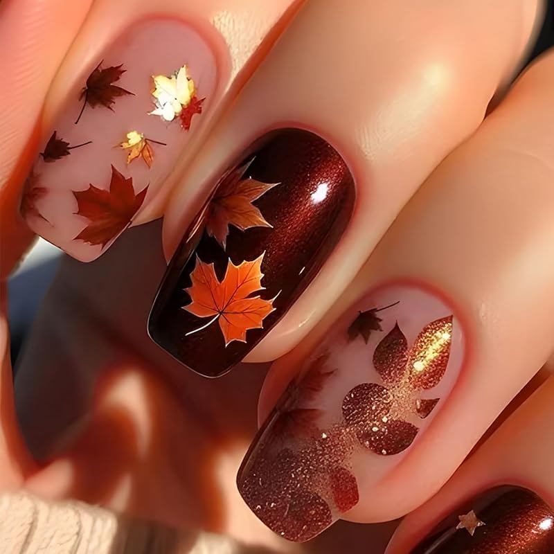 Fall Leaf Press on Nails Thanksgiving Pumpkin False Nails with Design Medium Square Artificial Stick on Nail Glossy Autumn Maple Leaves Acrylic Glue