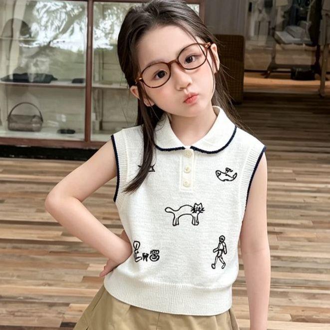 Summer Girls Embroidered Sleeveless Knit Polo Vest Stylish Baby Collar Top 90