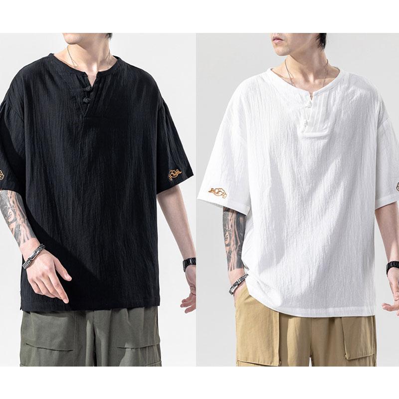 Men's Imitation Cotton Linen Style Loose Short Sleeve T-shirt Solid Shirts Casual Top Tee Shirt