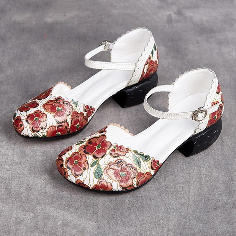 Women Shoes Summer Sandals Genuine Leather 2024 New Fashion Buckle Strap Print Retro Handmade Concise Leisure Ladies Sandals Casual Shoes