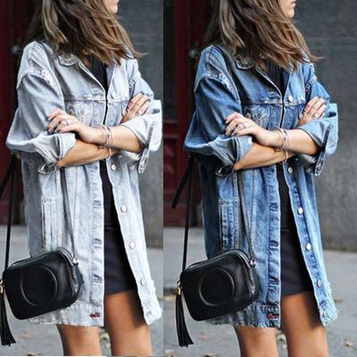 Herbst Winter Langarm Revers Waschen Wasser Loch Casual Frauen Denim Jacke Damen Mode Lose Street Maxi Denim Frauen Mantel
