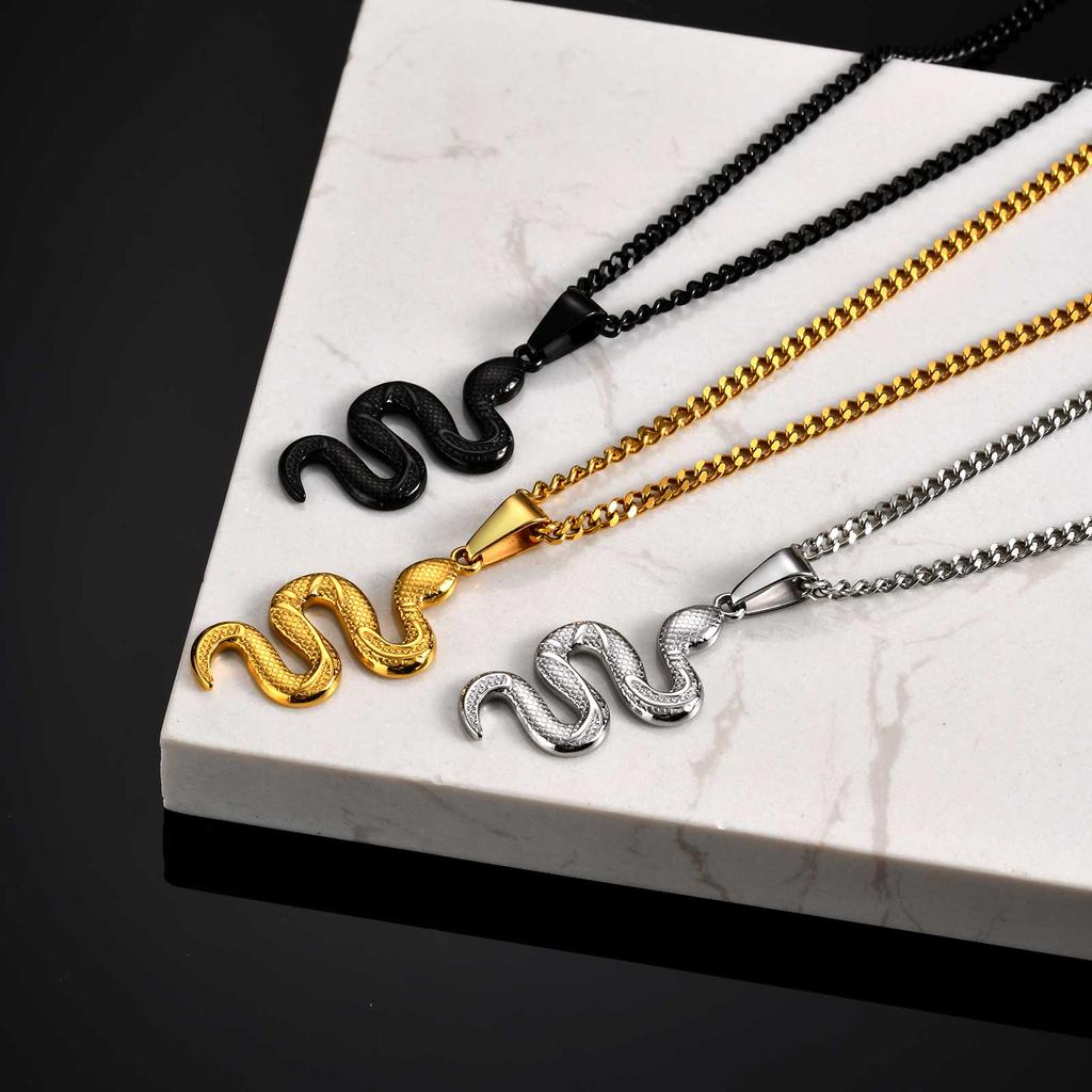 Colar Pingente de Cobra em Aço Inoxidável Personalizado para Mulheres, Pingente de Animal Cor Preto/Prata/Dourado, Joia Punk da Moda