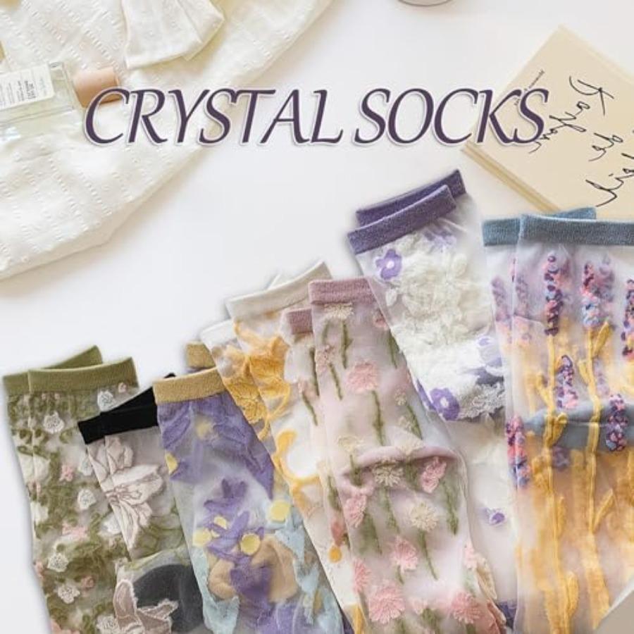 Womens Floral Sheer Socks Summer Thin Mesh Ankle Transparent Crystal Glass Silk Socks Cottagecore Elastic See Through Sock