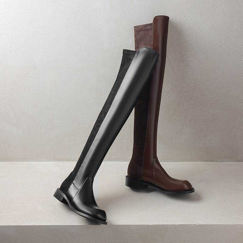 Krazing Pot Flock Microfiber Autumn Winter Shoes Thick Heels Size 43 Long Boots Black Brown Stretch Over-the-knee Boots