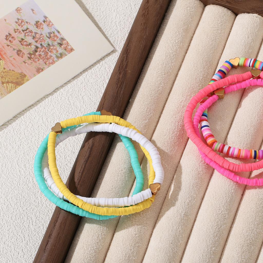 Multicolor Heishi Beaded Golden Heart Charm Bracelet Set for Women Summer Beach Jewelry Gift