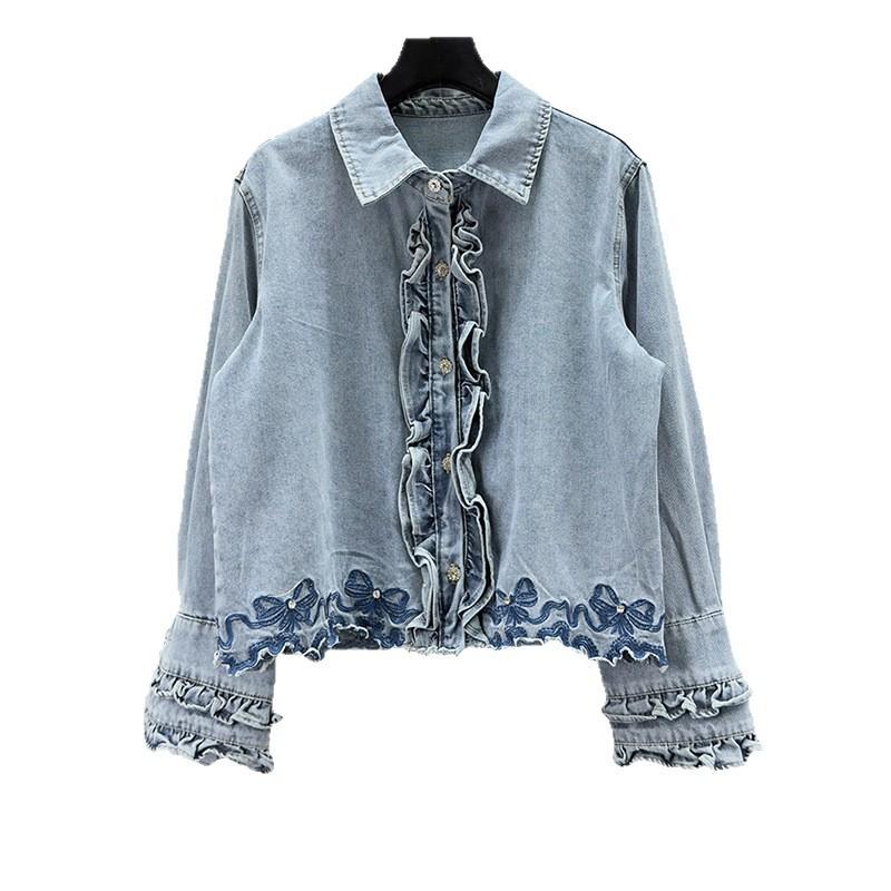 Womens Denim Jacket 2026 Loose Fit Embroidered Spliced Streetwear Top