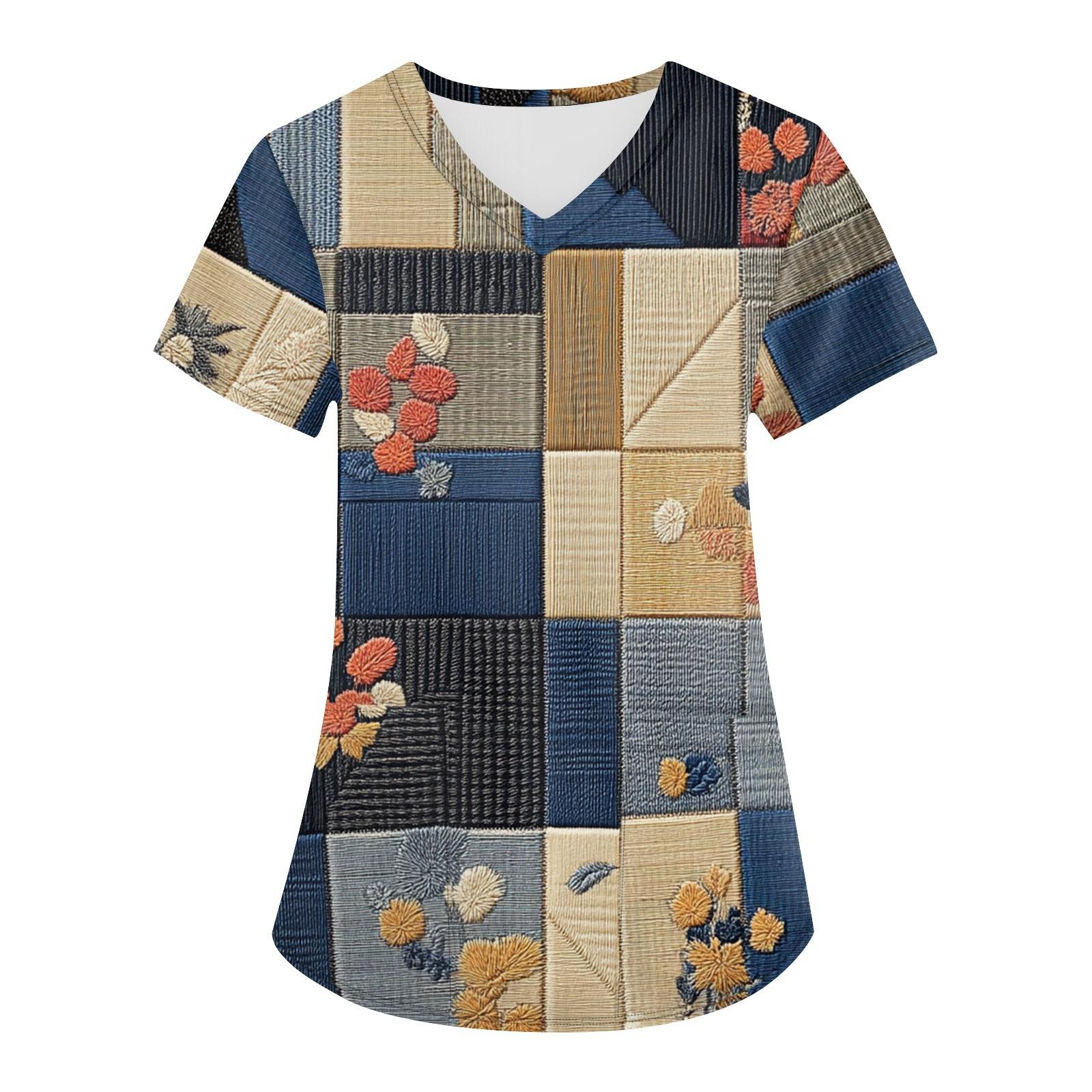 

Женская мода с v-образным вырезом, короткими рукавами и карманами, топы с принтом L бежевый