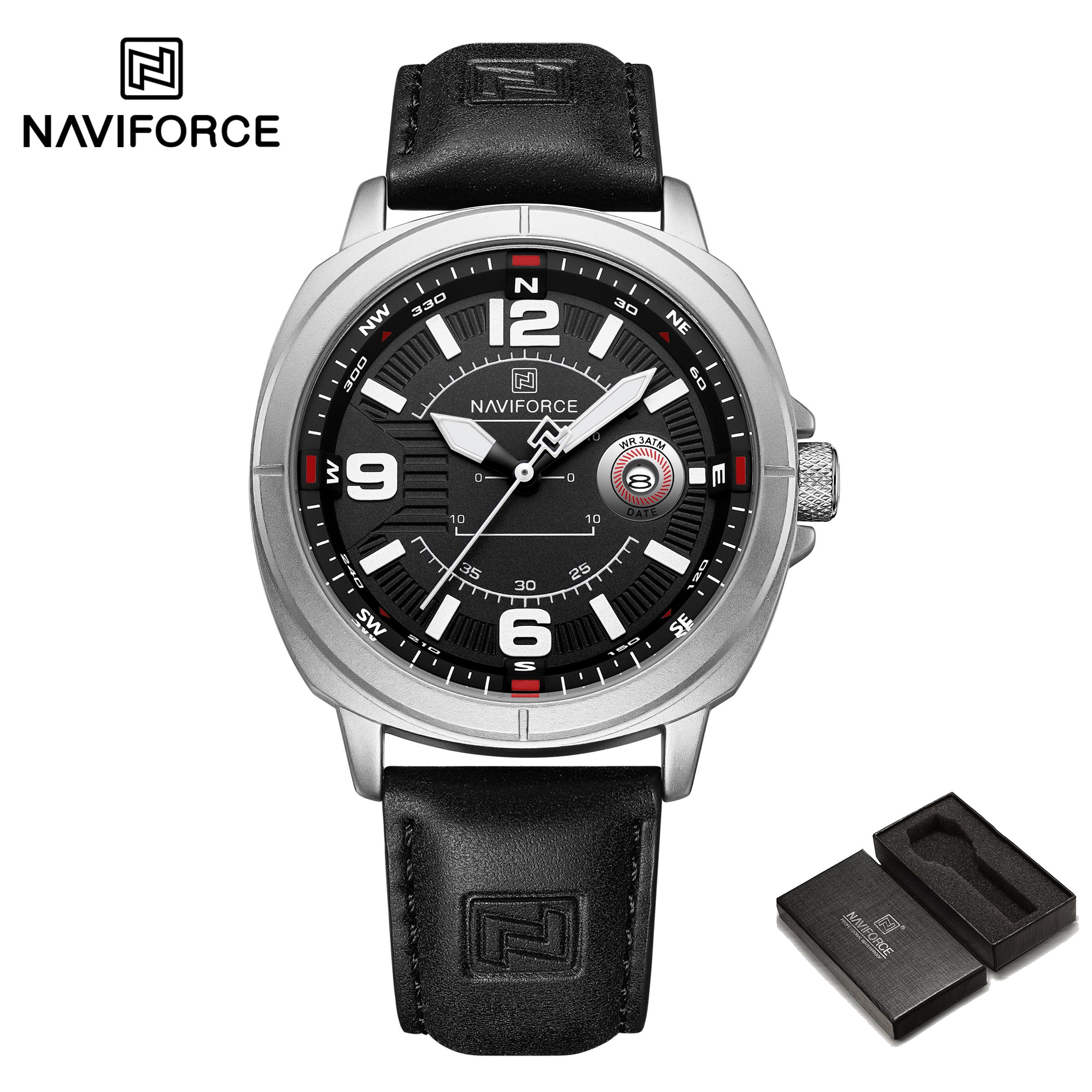 

Мужские кожаные часы NAVIFORCE, календарь, кварцевый механизм, водонепроницаемость 30 м, люминесцентные стрелки, повседневные модные мужские часы NF8078 чёрный/серебряный