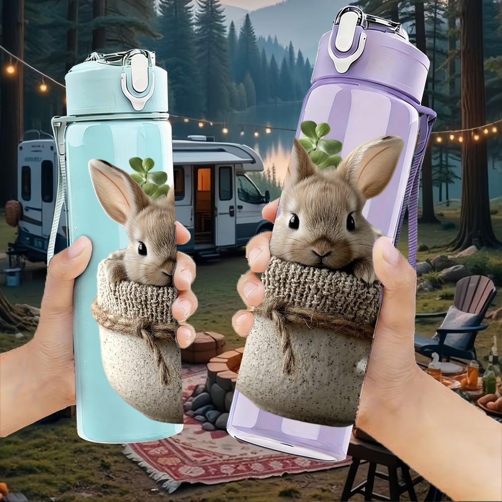 1PC Bunny In Pot Plant Cute Animal Print 750ml Color Plastic Sports Water Bottle Leakproof Flip Straw Lid Suitable for Sports Office Home Use