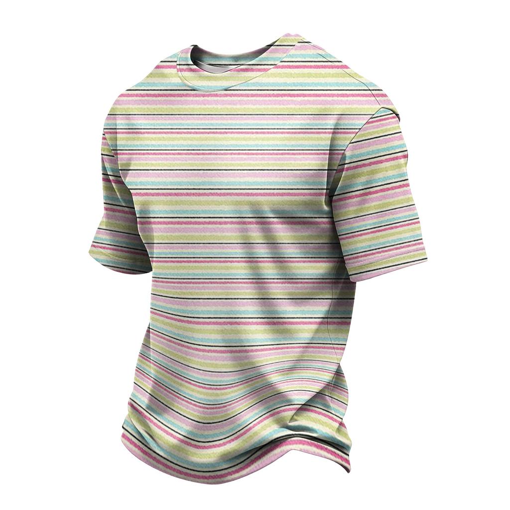 Men's Casual Quick-Dry Short Sleeve Shirt with Round Neck Lightweight Mesh and Striped Design