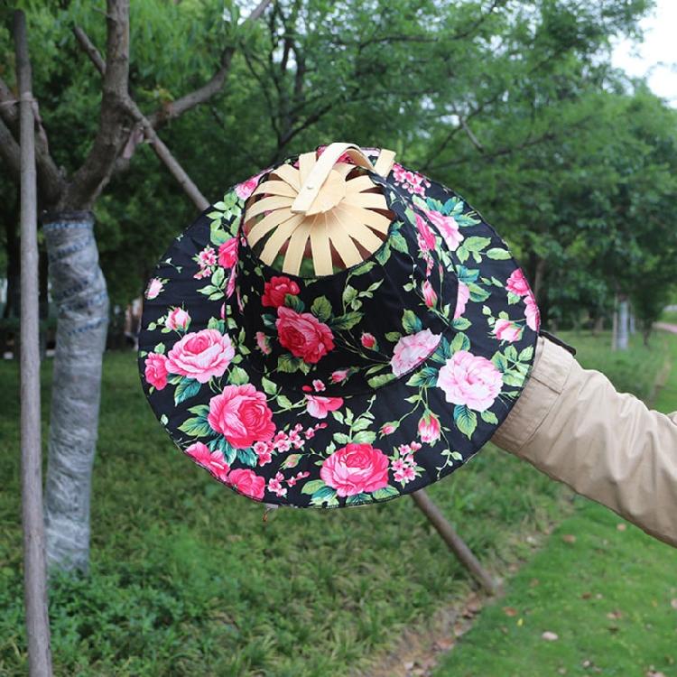 Foldable Hand Fan Sun Hat 2 In 1 Chinese Style Portable Floral Printed Handheld Fan Beach Cap Bamboo Hat