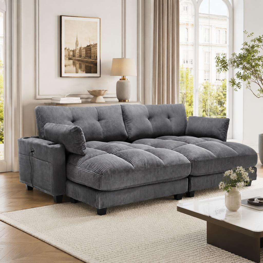 Graues Kord-Sofa 2-Sitzer, teilbar in 2 Sitze, 2 Kissen, 4 Getränkehalter, 4 Taschen, USB-Anschlüsse an den Armlehnen, für Wohnzimmer, Schlafzimmer und Arbeitszimmer