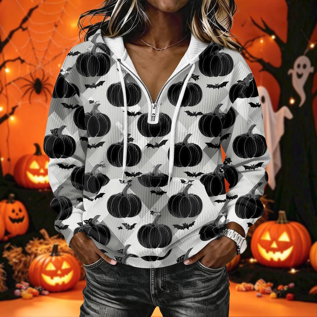 Women's Halloween Print Long Sleeve Hoodie Pullover Sweatshirt