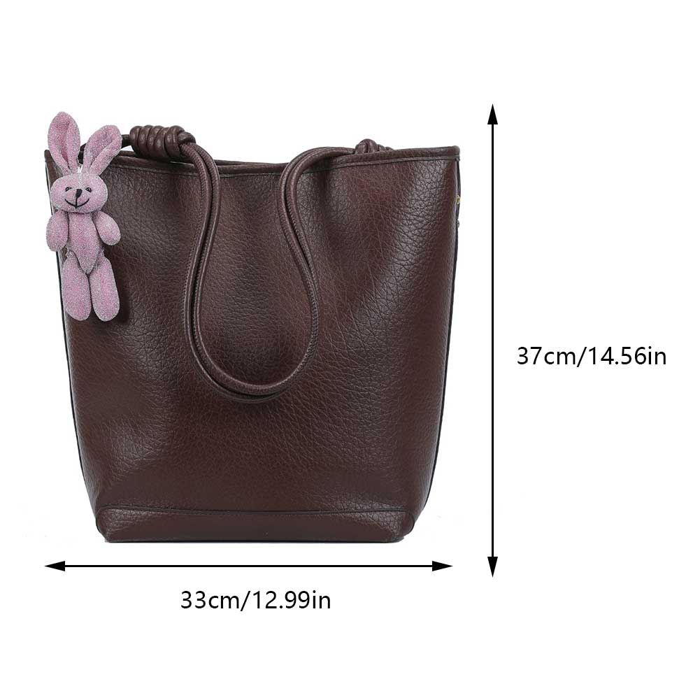 High Quality Shoulder Bag with Rabbit Pendant Ladies PU Leather Bucket Bag Solid Commuter Handbags Large Capacity Women Tote Bag