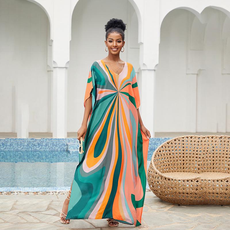 

2024 Европейский и американский вискозный пляжный халат с V-образным вырезом для отпуска One Size