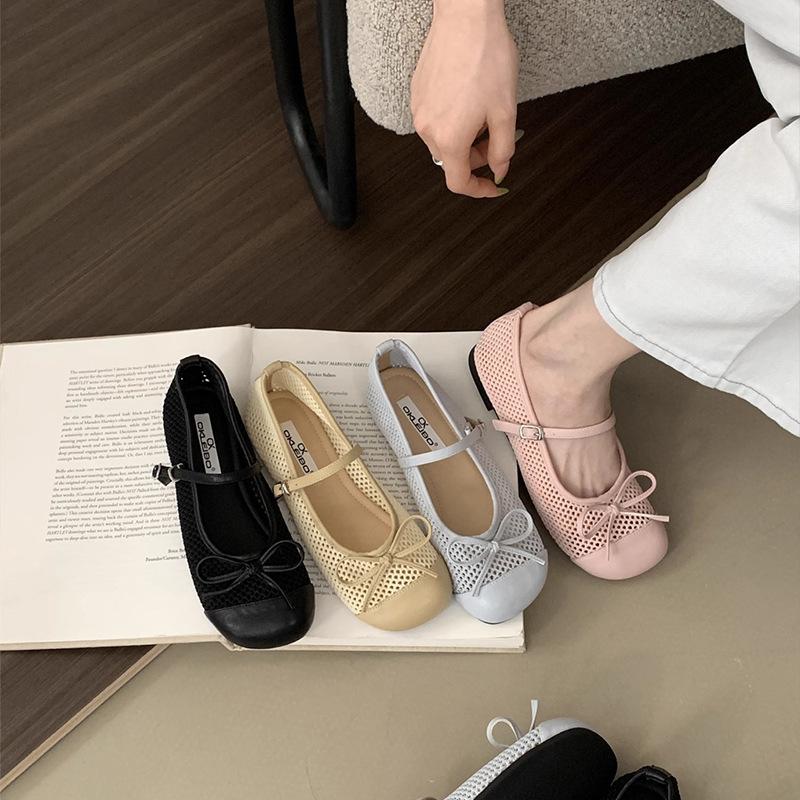 Flat-bottomed mesh single shoes women's gentle French new 2025 summer Mary Jane evening breathable bow sandals mesh shoes