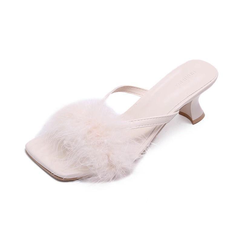 Niche High Heels Fluffy Slippers Women's Shoes Wear 2025 New Summer Fairy Style White Sandals