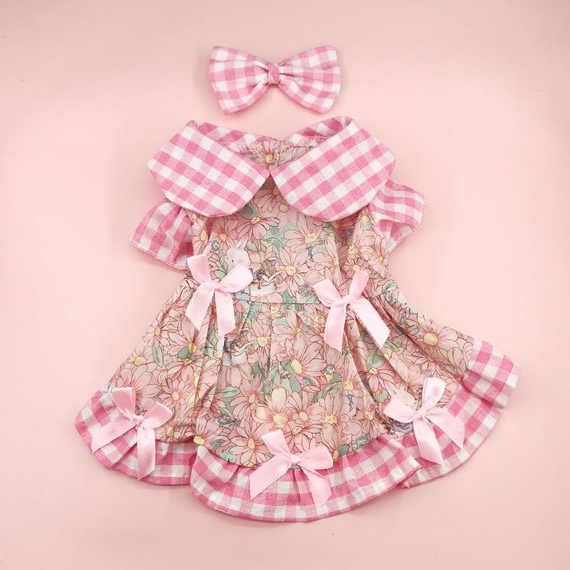 

Платье с отворотом в клетку для питомцев, лоскутное платье для собак с цветочным принтом, повязка на голову с бантом, костюм кошки, плюшевый комплект, платья для собак маленьких собак, щенков XL