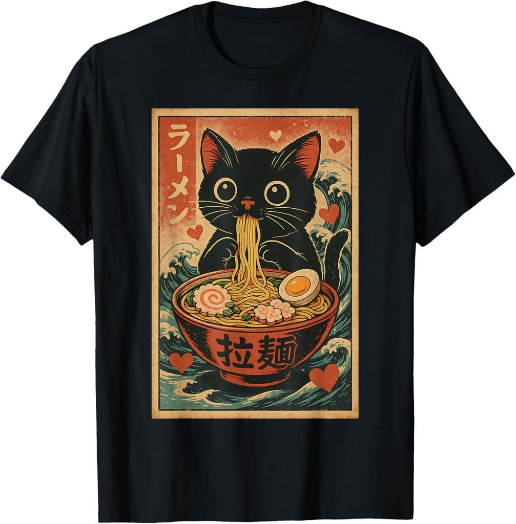 Camiseta Gráfica Engraçada de Gato com Ramen Camiseta de Gato Anime Kawaii Japonesa