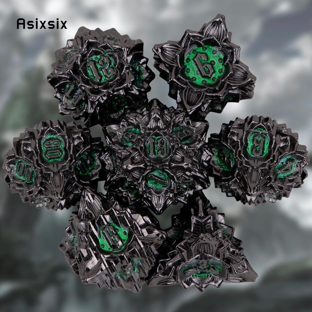 7 sztuk czarny zielony kwiat lotosu metalowe kostki z litego metalu zestaw kości wielościennych nadaje się do odgrywania ról RPG gra planszowa gra karciana