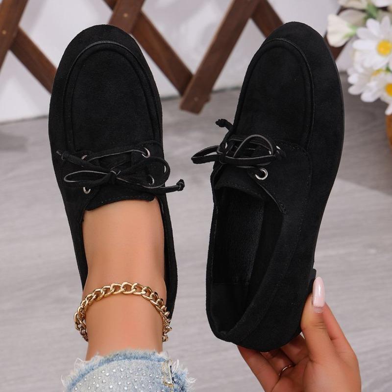 Classic Genuine Cow Suede Pumps Women Lace Up Flat Heel Boat Shoes Female Retro Comfort Daily Autumn Walk Flats