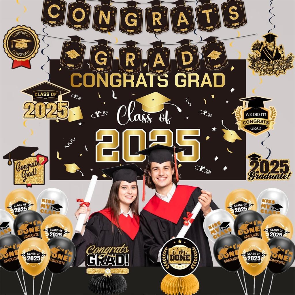 Graduation Decorations Blue Themed Set - Congrats Grad Banner, Class Of 2025 , Balloons & Streamers Kit - Complete Party Supplies For High School &