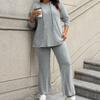 Women Autumn Winter Solid Color Loose Knitted Sweatshirt Suit Casual Long Sleeved Striped Hoodie Long Straight Leg Pants Two-piece Set