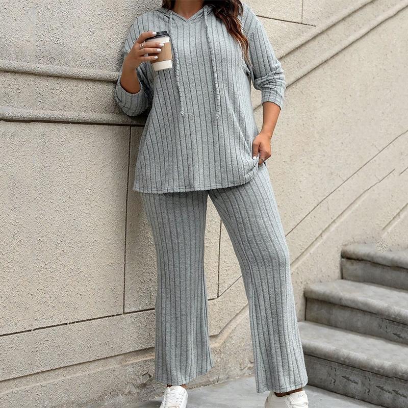 Women Autumn Winter Solid Color Loose Knitted Sweatshirt Suit Casual Long Sleeved Striped Hoodie Long Straight Leg Pants Two-piece Set