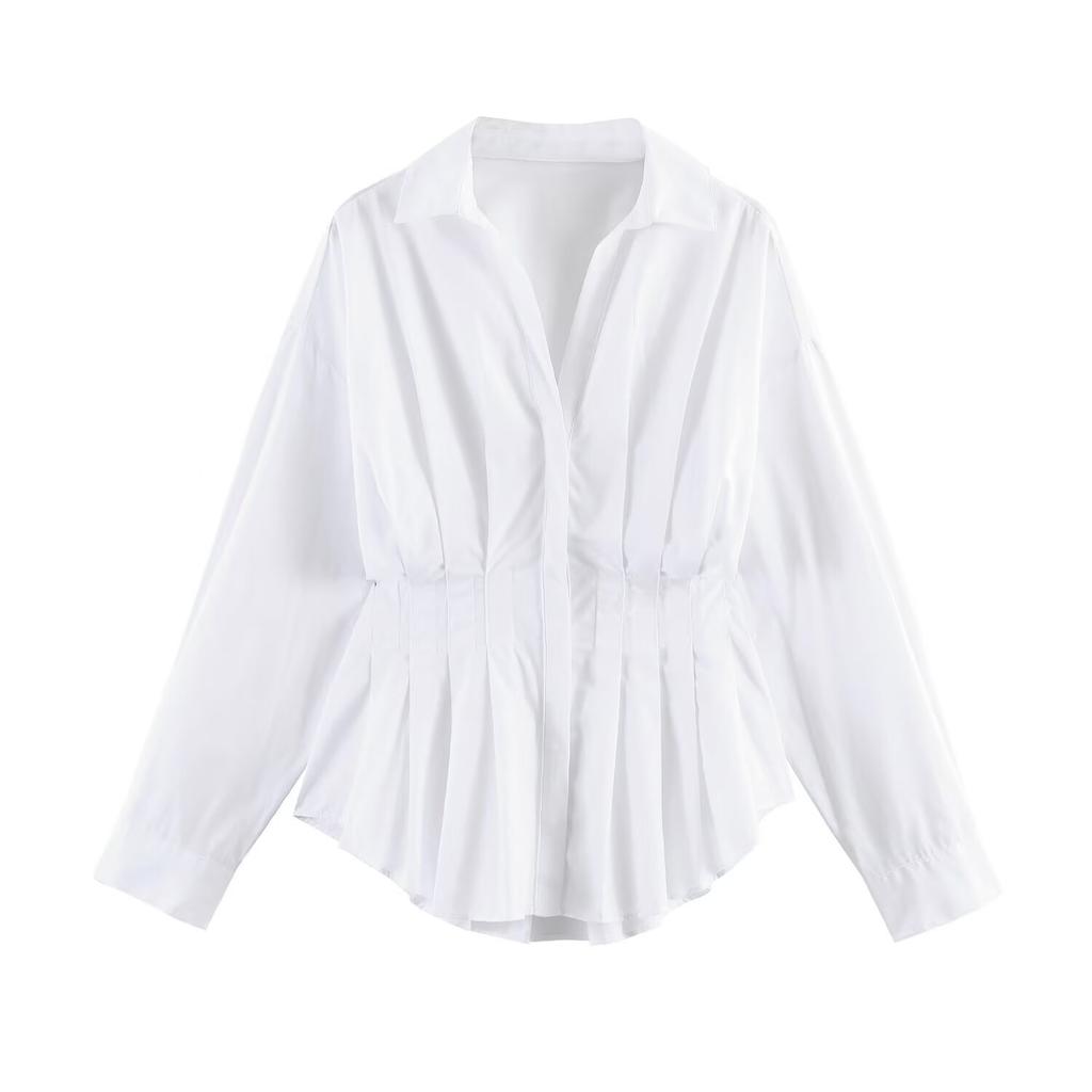 European and American women's clothing 1116 summer simple wind lapel pleated waist striped commuter pleated shirt top women