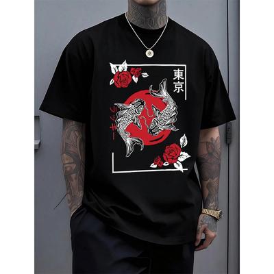 Tokyo Harajuku Koi Fish Printed Mens T-Shirt Cotton Summer Short Sleeve Tops Soft Oversized O-Neck T Shirt Clothes
