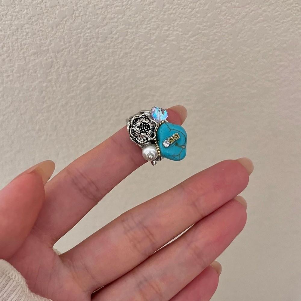 Rhinestone Turquoise Rings Stackable Western Geometric Ring Fashion Glass Flower Ring  Jewelry