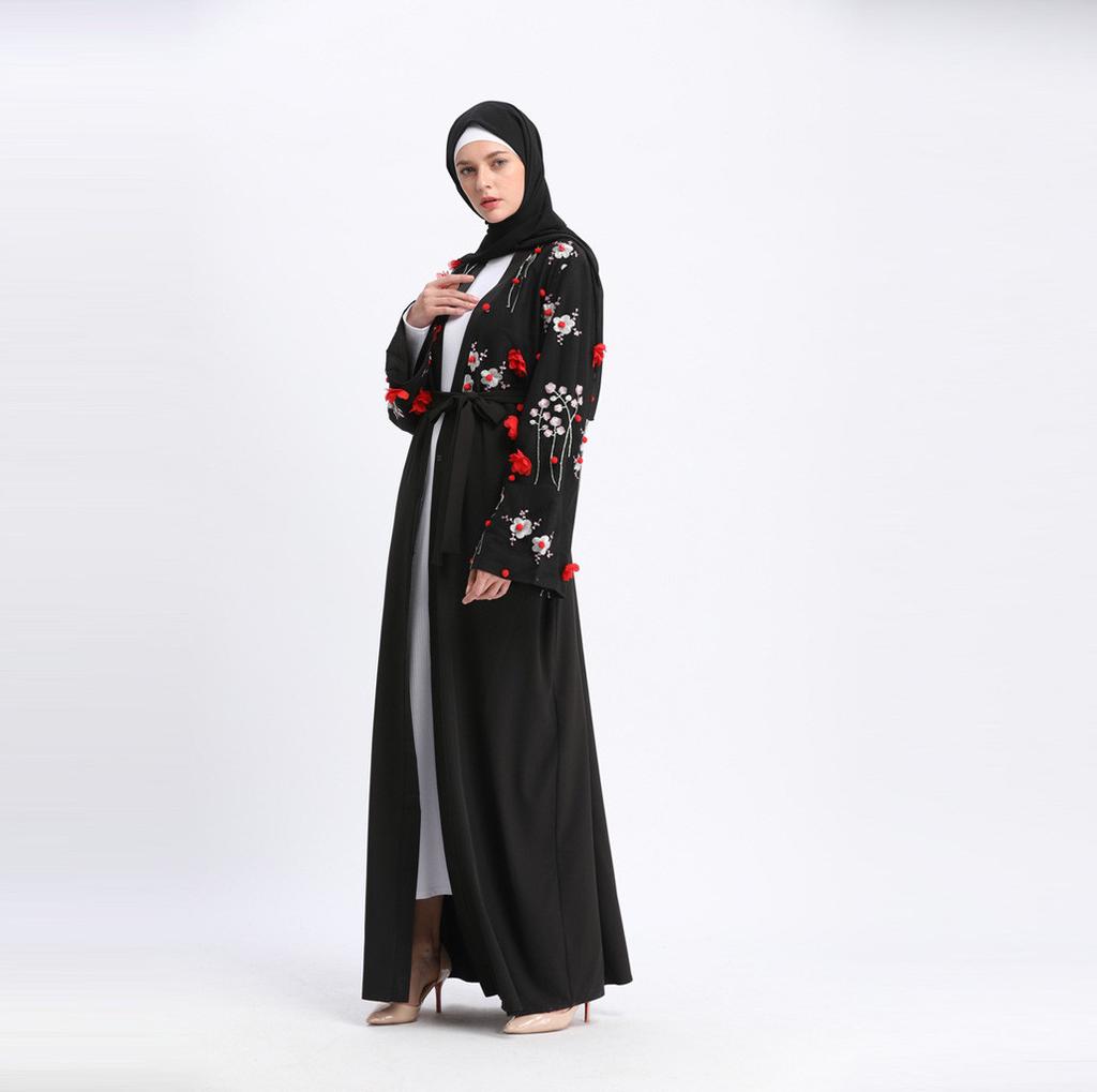 Women Openwork Embroi Long Dress Robe Open Abaya Cardigan Muslim Dubai Robe Gown
