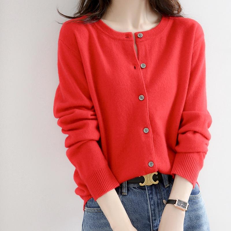 Autumn Winter Round Neck Simple Fashion Casual Knitting Cardigan Top Women Solid Color All-match Sweater Coat