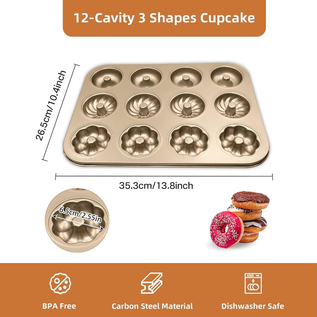 Antihaft-Donut-Backblech Donut-Form 12-Mulden Donut-Form für Muffins, Kuchen, Desserts Backen im Ofen Gold