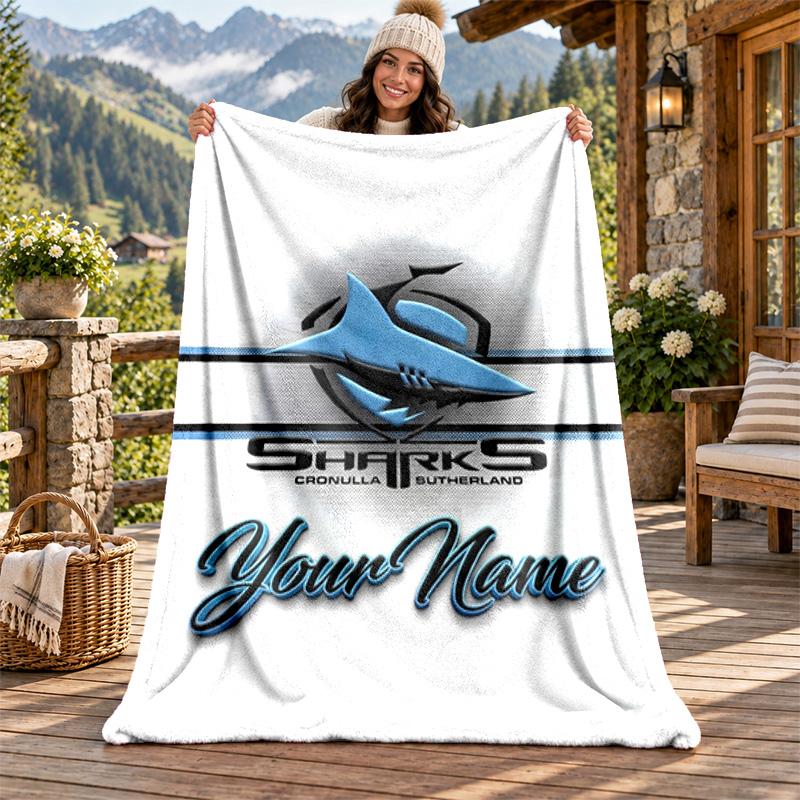 Cronulla Sharks Custom Name Flannel Blanket Personalized Soft Warm Plush Throw Blanket Customized Gift for Family Friends