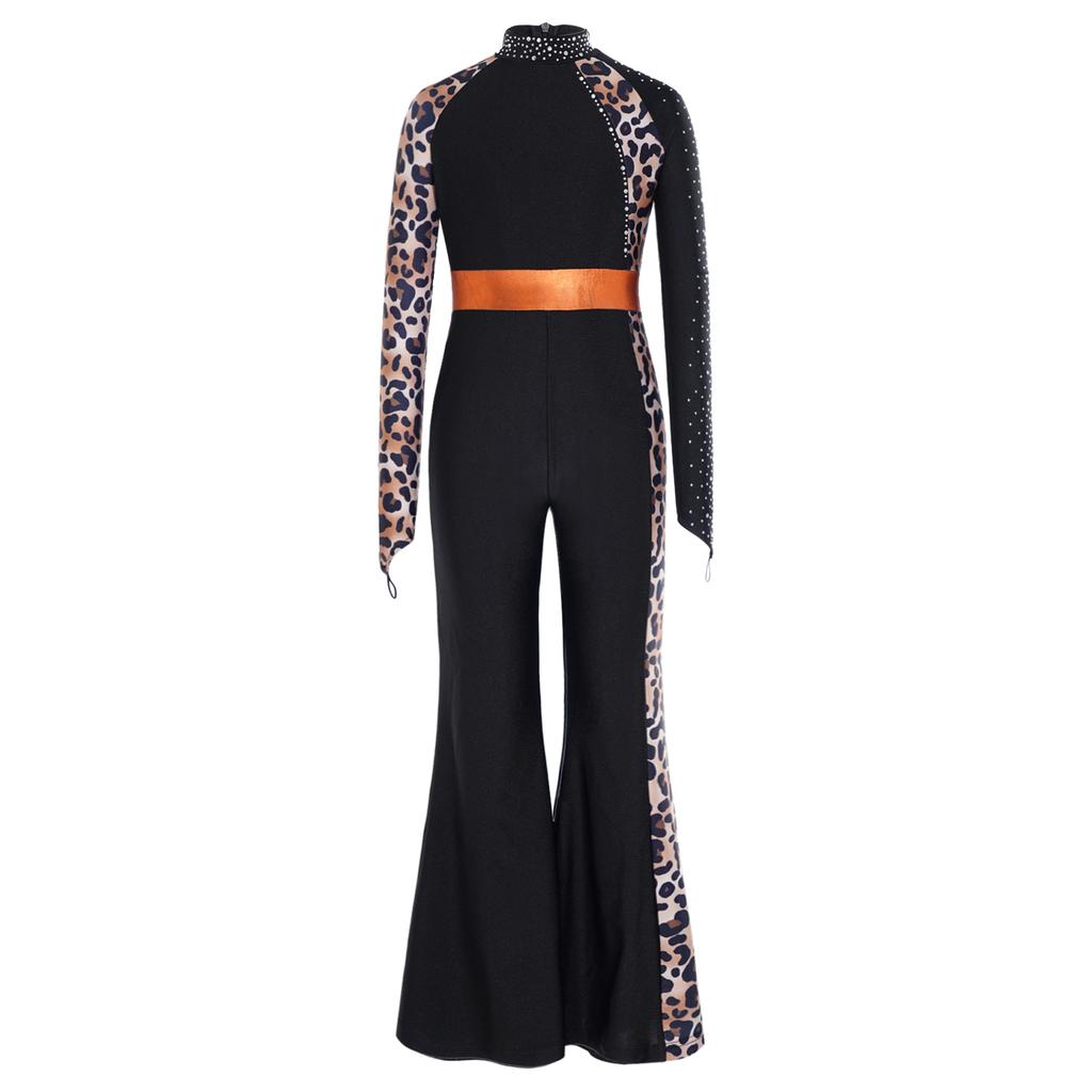 Tuta Jumpsuit Leopardata per Bambine Danza Latina Jazz Collo Alto Manica Lunga Fori per i Pollici Color Block Gamba a Zampa Bodysuit Zip Posteriore per Spettacolo