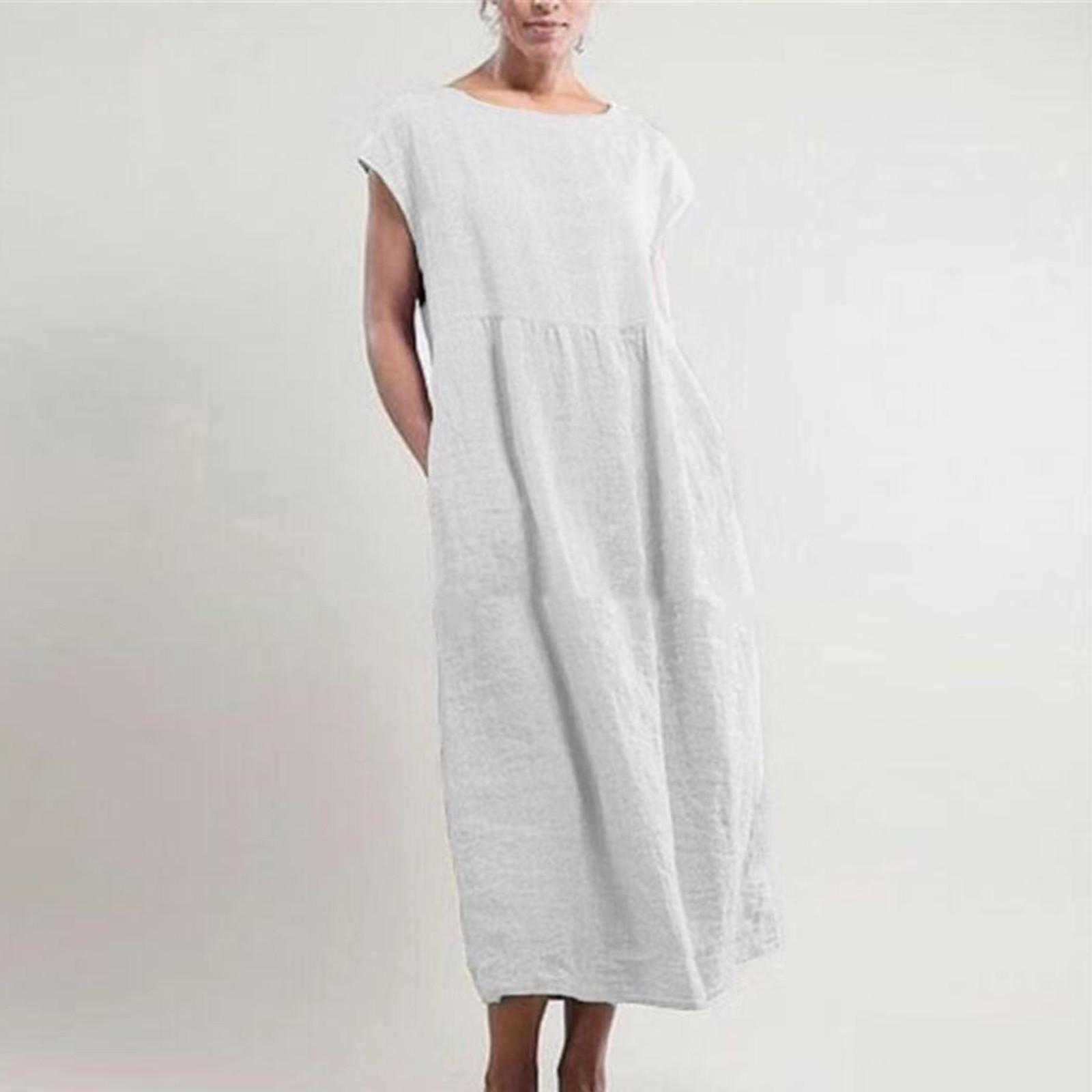 

Женское летнее повседневное однотонное хлопковое льняное платье без рукавов с круглым вырезом и карманами XL белый