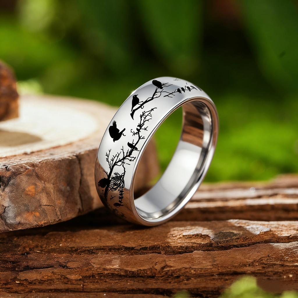 Creative Bird And Branch Pattern Stainles Steel Rings For Men Woman Black Polished Men Ring Wedding Engagement Jewelry Gifts