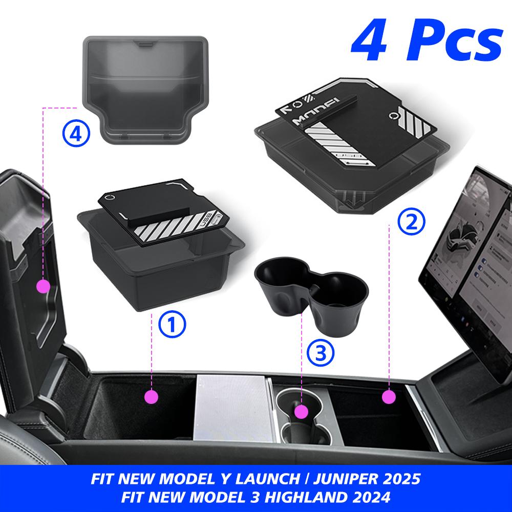 for Tesla Model 3 Highland 2024 Console Armrest Storage Box Interior Organizer ABS Rubber Pad or Flocking