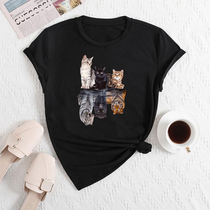 Summer Women's Three Cat Printed Loose Round Neck Casual Cotton Short Sleeves T-Shirts Women's