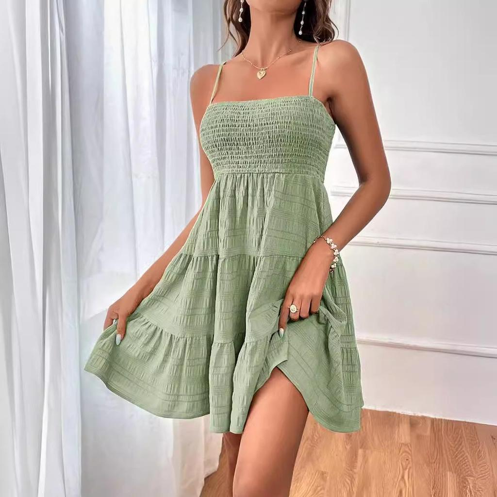 2025 Summer Women's One-Shoulder Thin Straps Solid Color Versatile Textured Dress